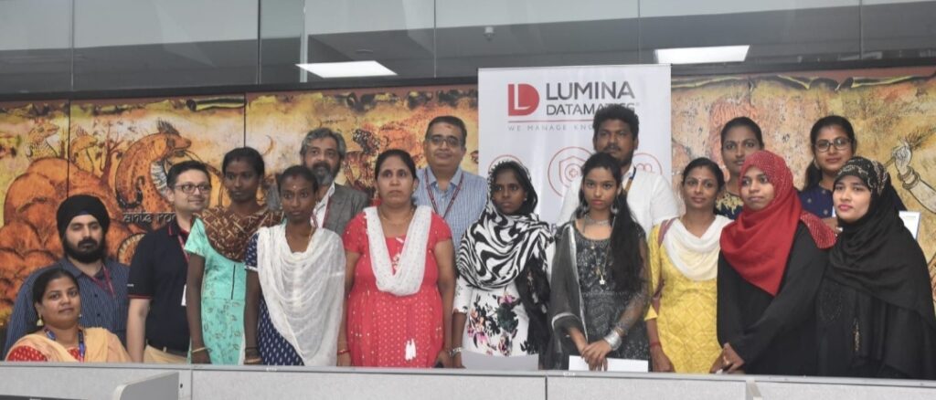 Lumina Datamatics® and Aaruthal Foundation award certificates to the newly trained batch of nursing assistants