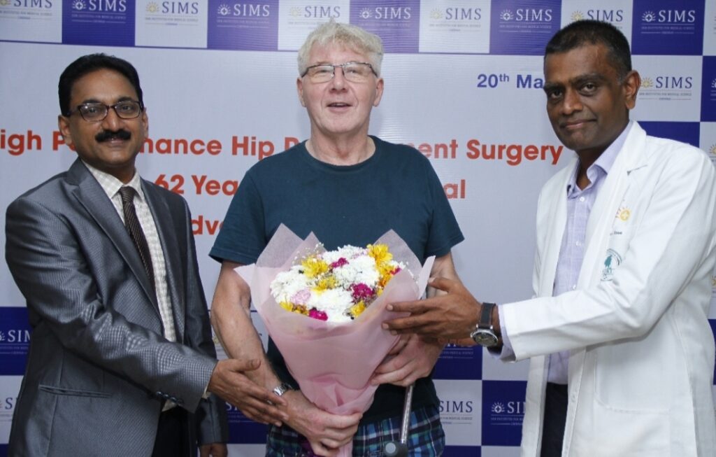 SIMS Hospital Conducts Successful High Performance Hip Replacement Surgery on 62 Year Old UK National through advanced technology