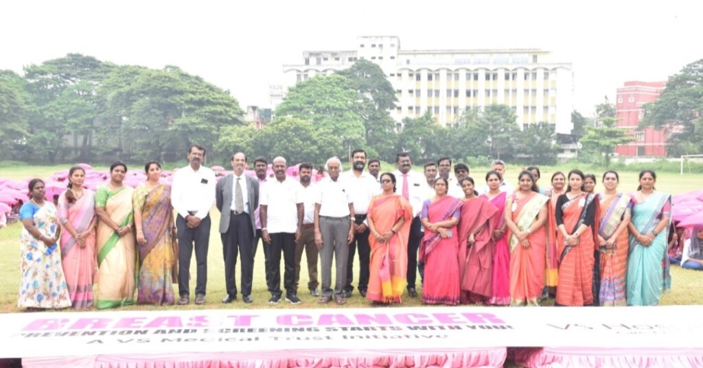 Cancer Awareness Month. VS Hospitals in association with Ethiraj College for Women today formed a “Pink Ribbon” to raise awareness on Breast Cancer. Around 800 students from Ethiraj College