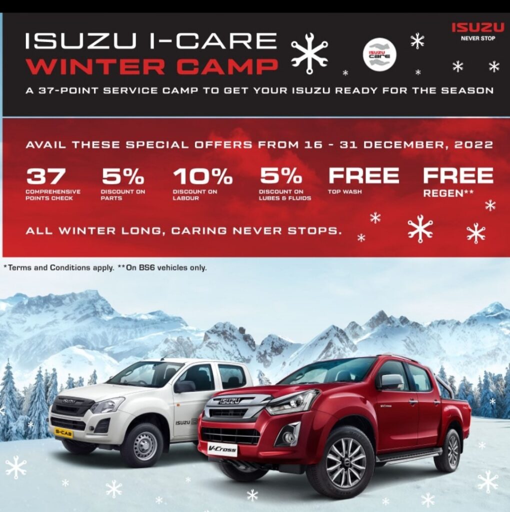 Customers can avail the exciting service benefits* at all ISUZU authorised dealer service outlets from 16th December to 31st December, 2022